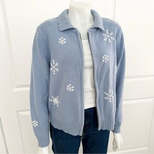 Light Blue & White Snowflake Embroidered Full Zip Winter Cardigan Sweater